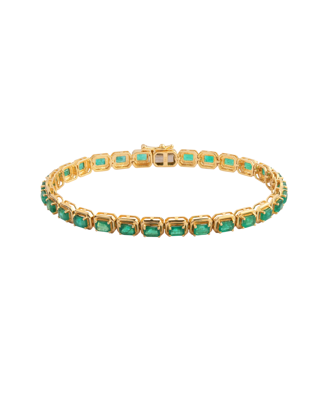 Gold bracelet with green gemstones on a white background