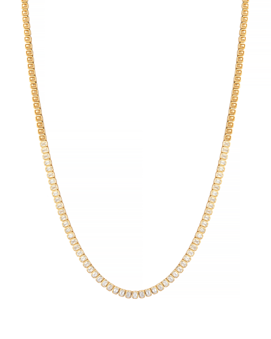 Gold necklace with small round beads on a white background