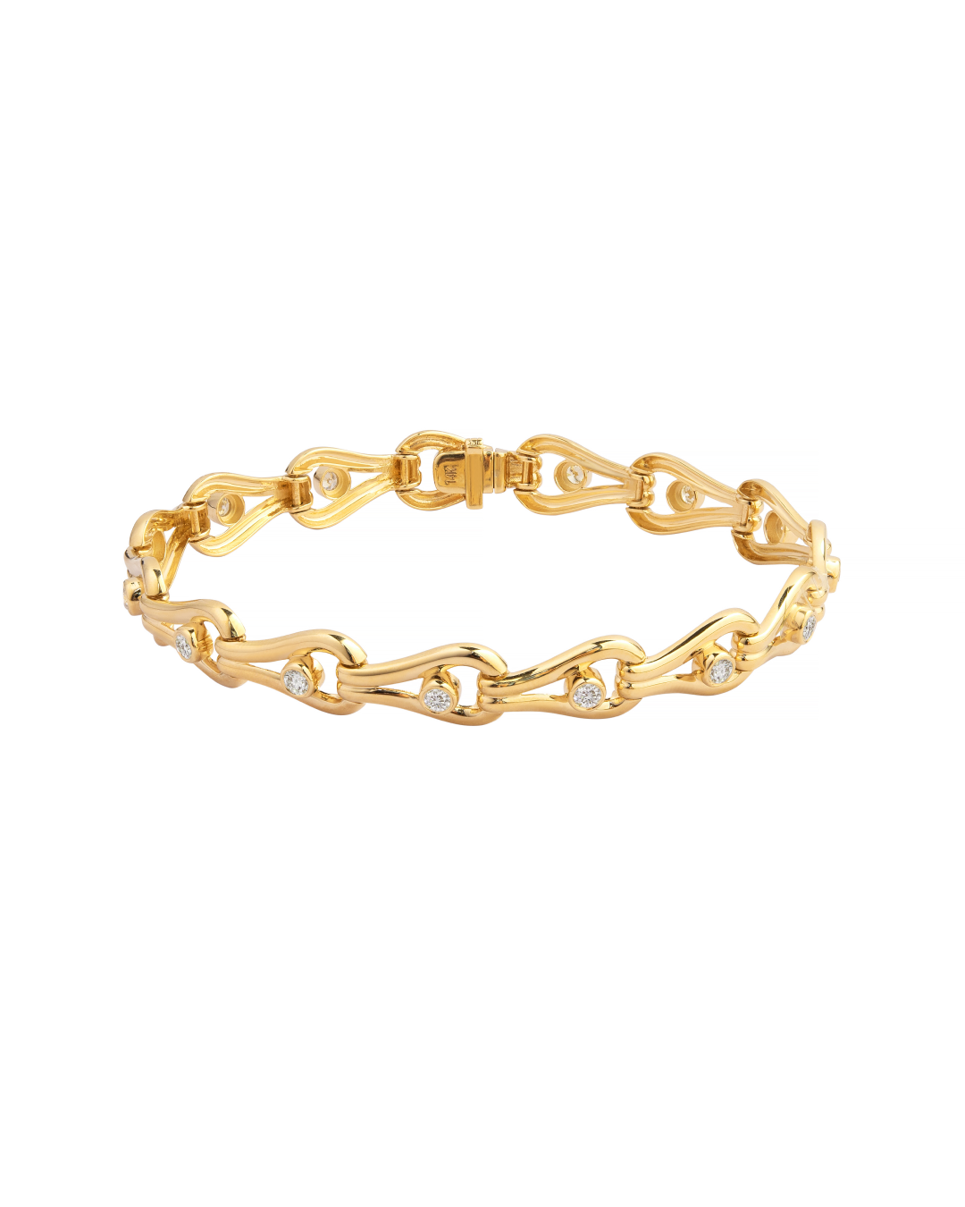 Gold bracelet with diamond accents on a white background