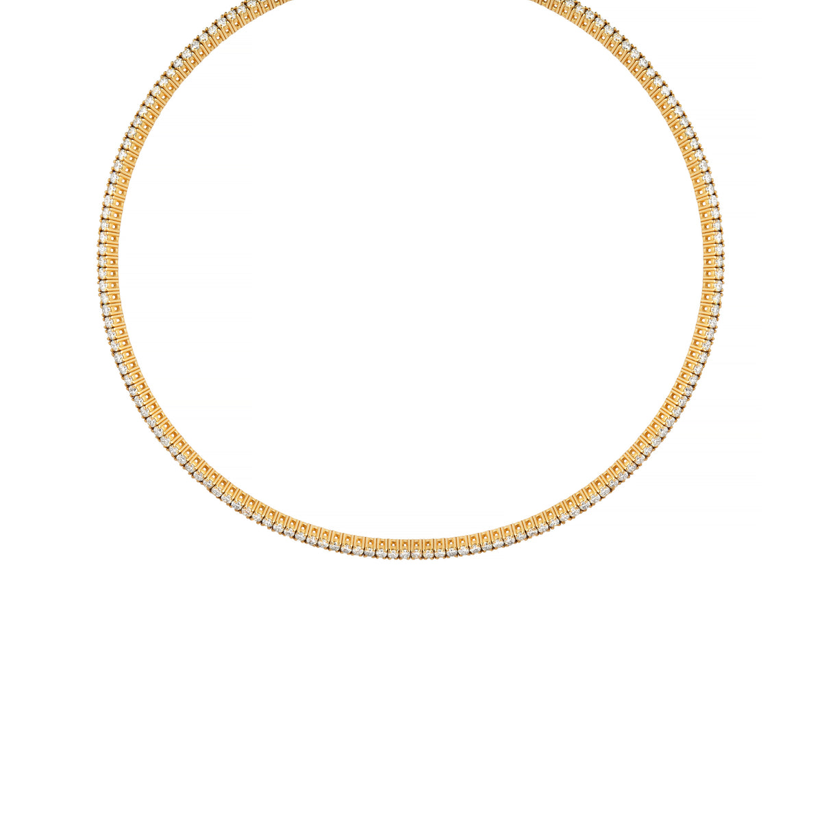 Gold necklace with small round beads on a white background
