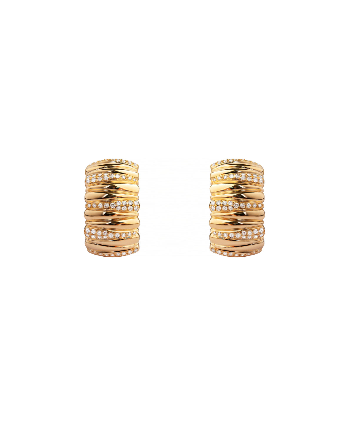 Pair of gold hoop earrings with embedded stones on a white background