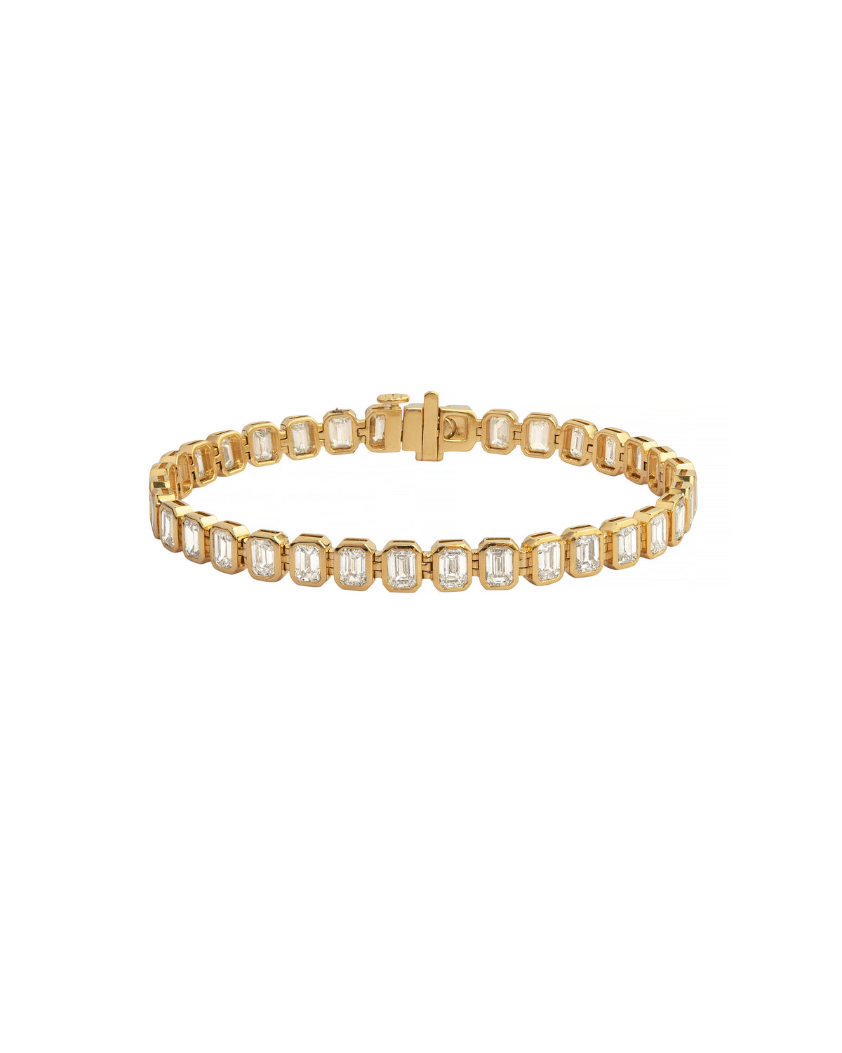 Gold bracelet with rectangular gemstones on a white background