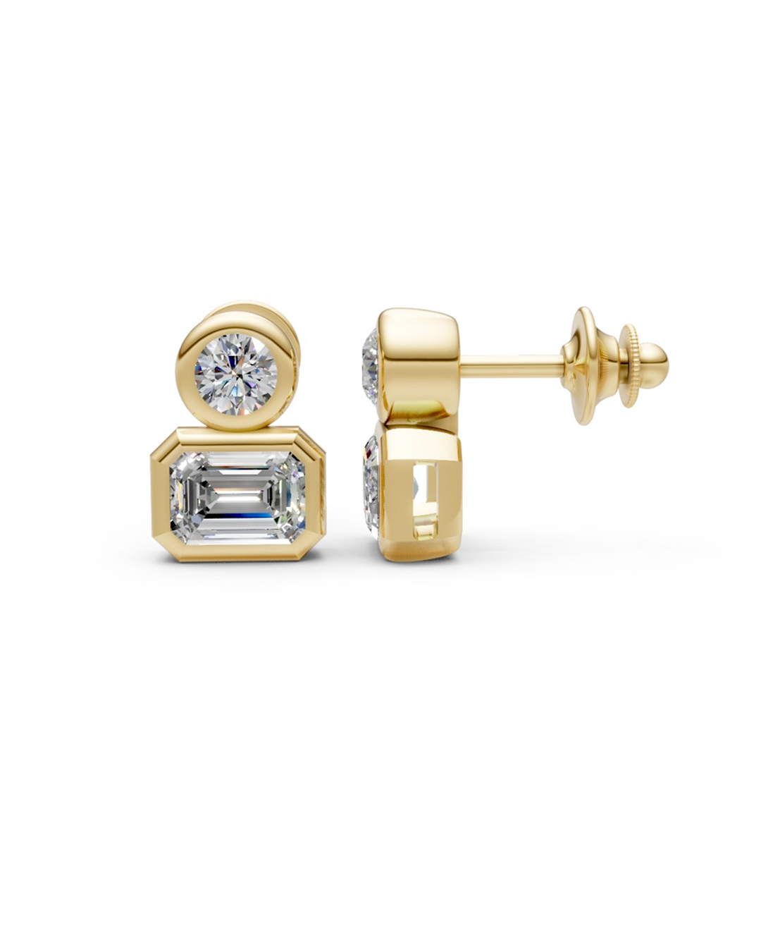 ROUND & EMERALD BEZEL STUD EARRINGS
