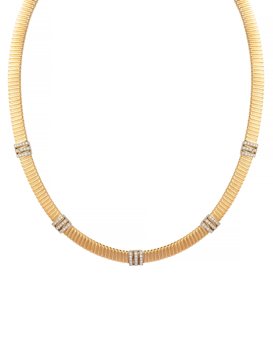 Gold necklace with embedded stones on a white background